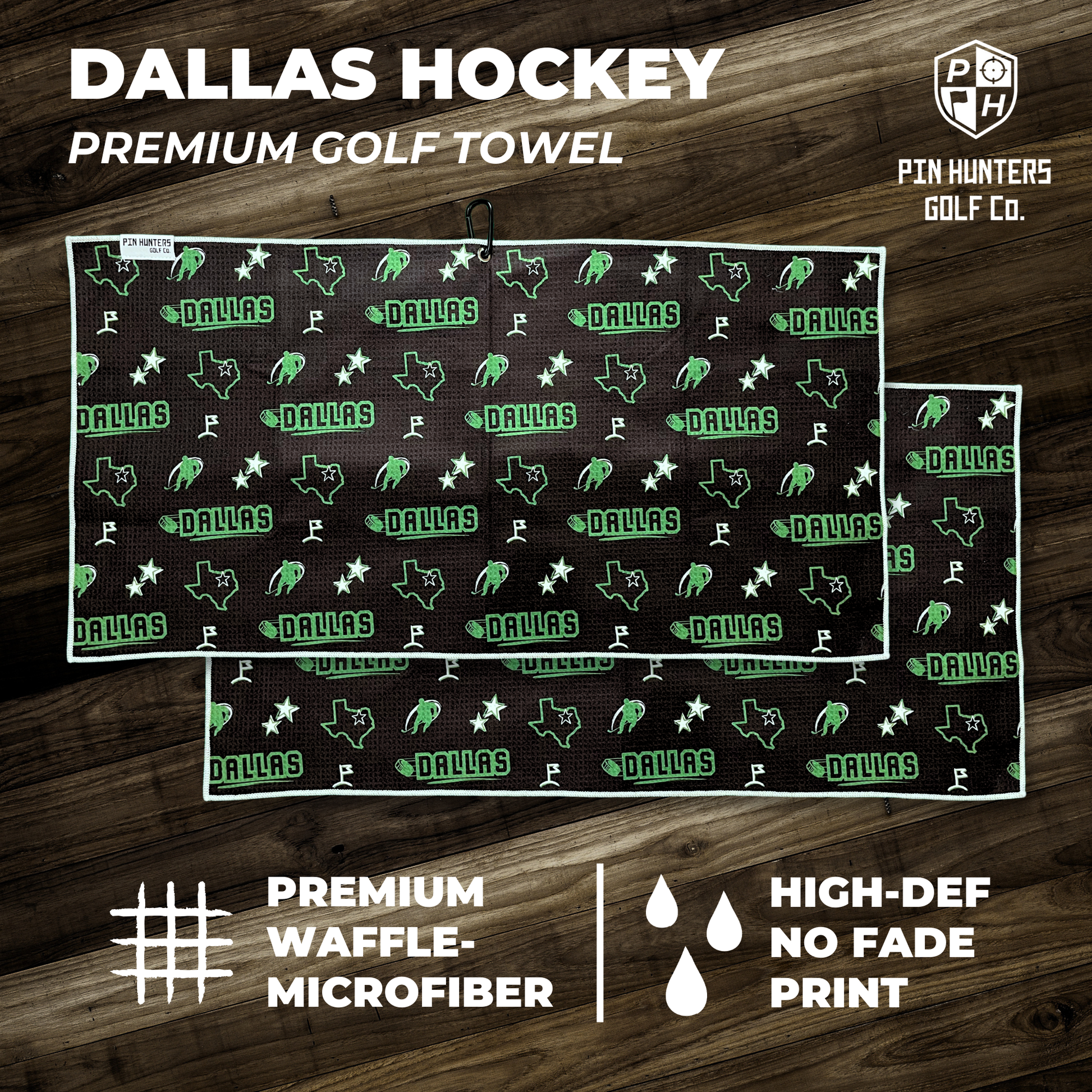 Dallas Stars inspired premium golf towel product graphic with front and back towel designs, green hockey pattern, waffle microfiber callout, and high-def no fade print callout.