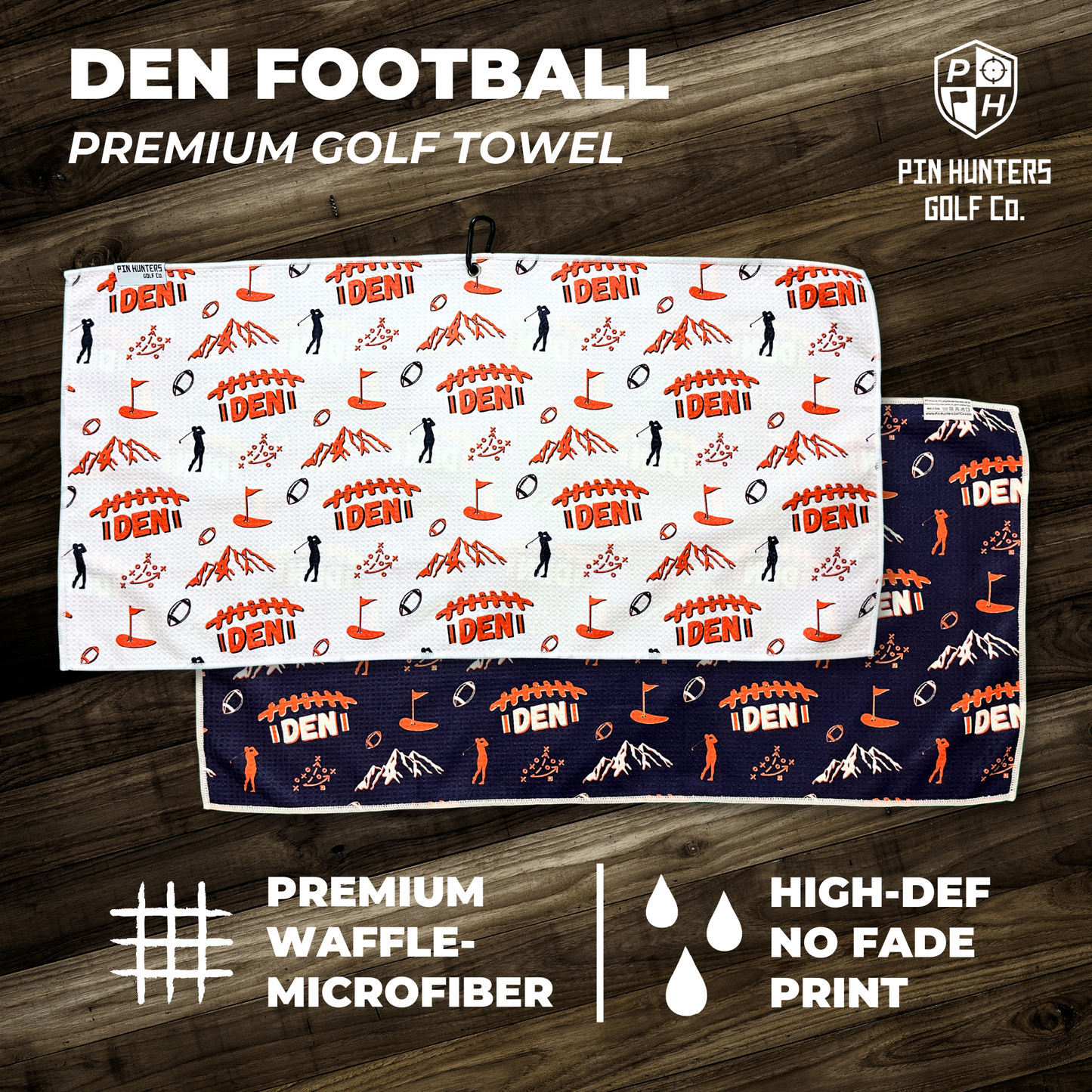 Denver Broncos inspired premium golf towel product graphic with white front towel, navy back towel, orange football graphics, waffle microfiber callout, and high-def no fade print callout.