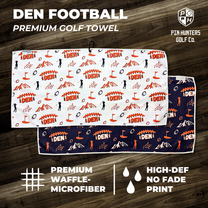 Denver Broncos inspired premium golf towel product graphic with white front towel, navy back towel, orange football graphics, waffle microfiber callout, and high-def no fade print callout.