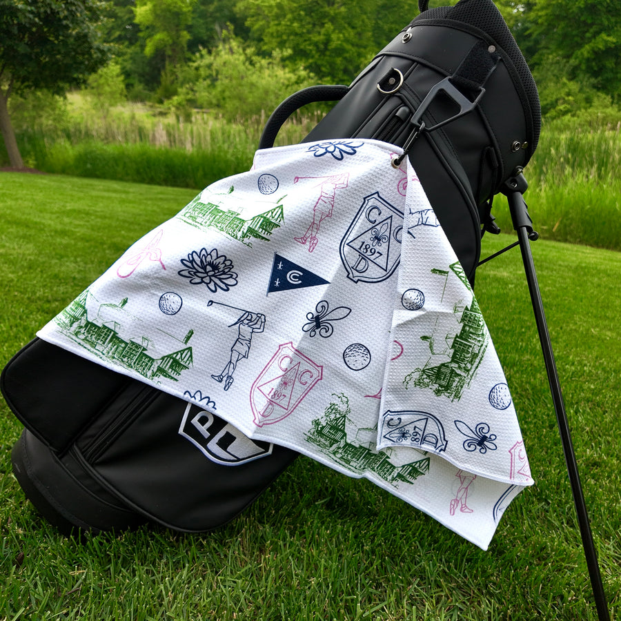 Country Club of Detroit line-art custom golf towel displayed on a golf bag