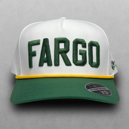 Fargo performance hat with green raised embroidery, white crown, green brim, yellow rope detail, and PH Performance X3 sticker.
