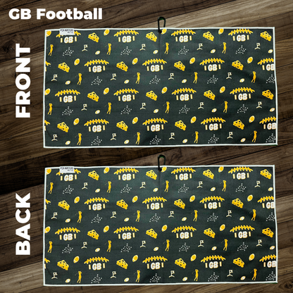 Green Bay Packers inspired football golf towel layout with green and yellow football, cheesehead, golf flag, play diagram, and golfer icons.