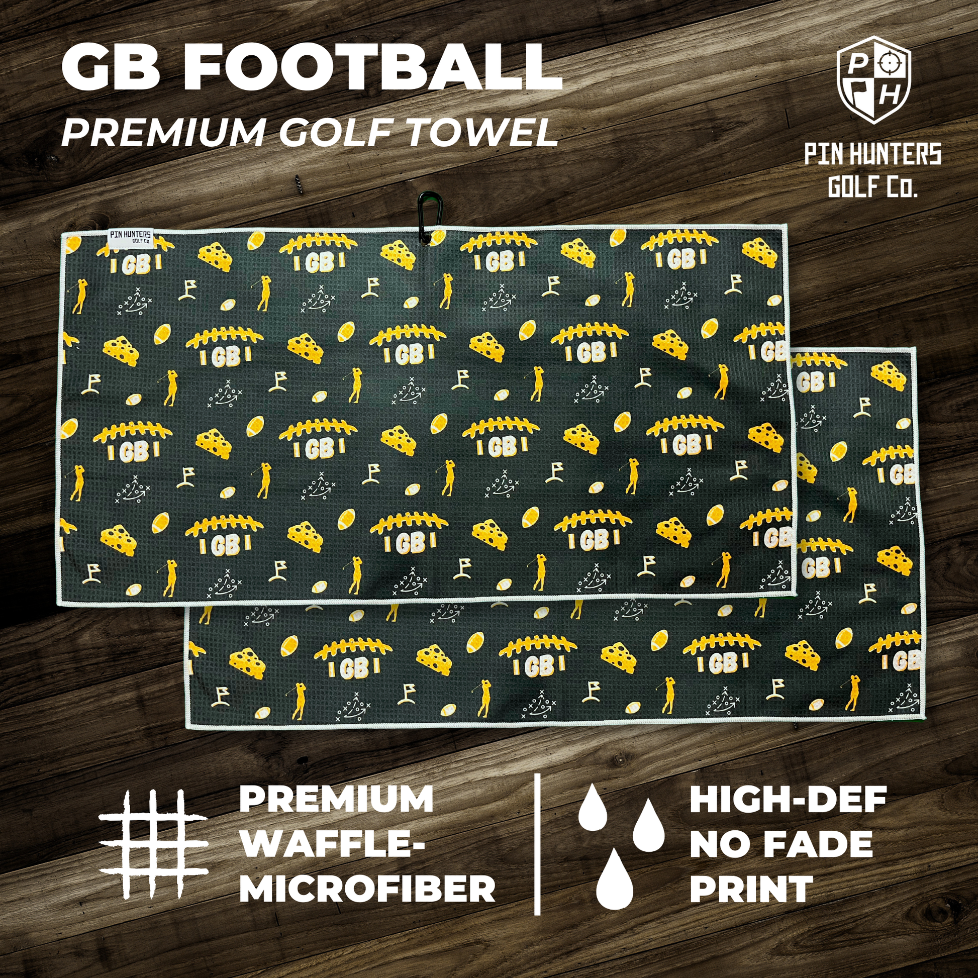 Green Bay Packers inspired premium golf towel product graphic with green and yellow football pattern, waffle microfiber callout, and high-def no fade print callout.