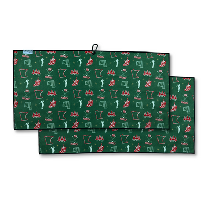 Green Minnesota Wild inspired hockey golf towel product image showing a full front and back pattern with MN hockey, skates, nets, trees, and golfer icons.