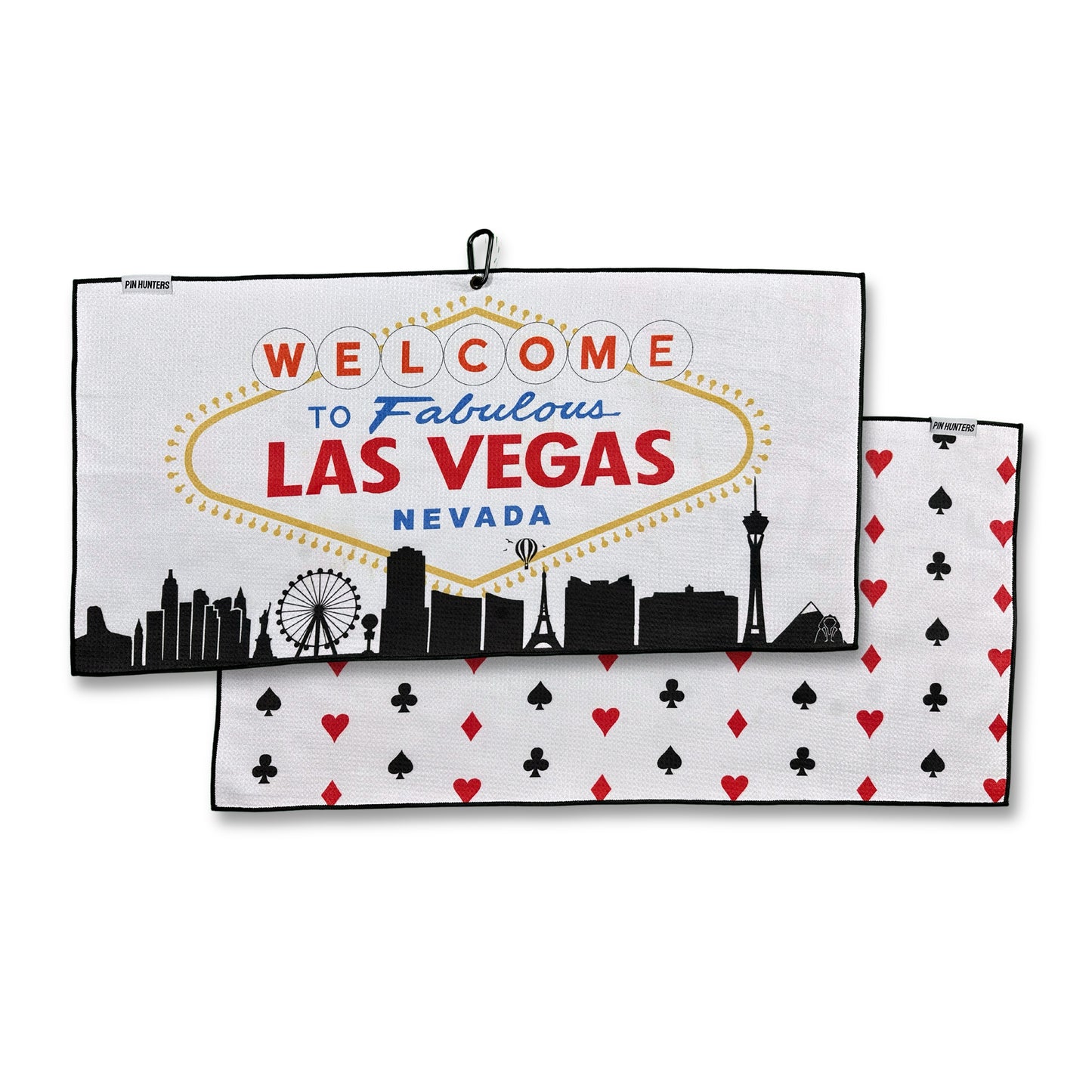 Las Vegas golf towel product image showing the Welcome to Fabulous Las Vegas front design, black skyline, and playing card suit back pattern.