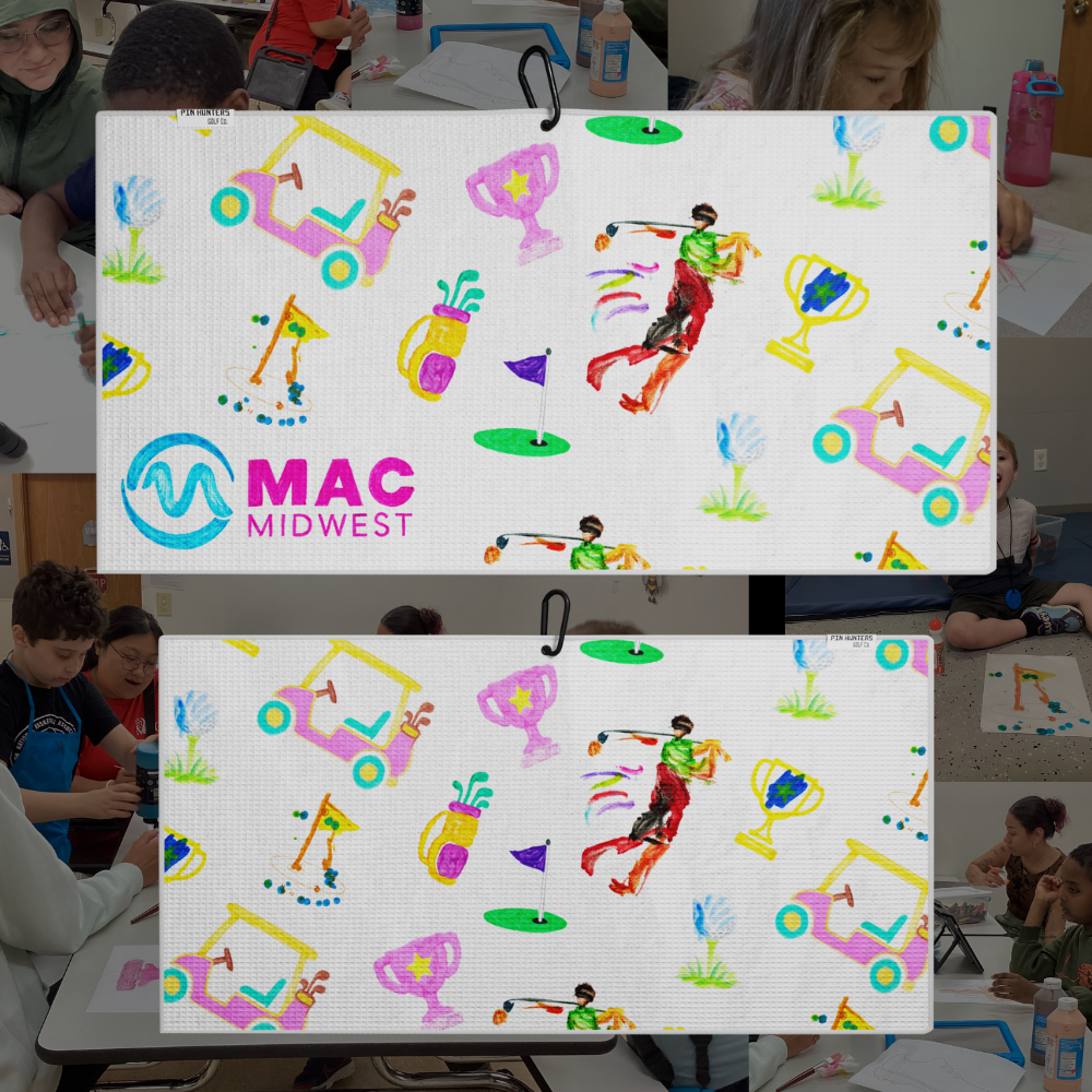 Collage of two white MAC Midwest golf towels with colorful learner-created golf artwork and workshop photos.