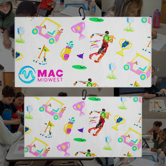 Collage of two white MAC Midwest golf towels with colorful learner-created golf artwork and workshop photos.