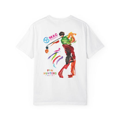 Back view of the white MAC tee featuring the MAC Midwest logo and colorful learner-created golf artwork.