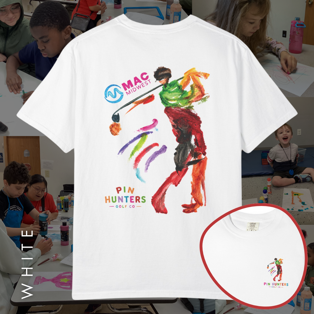 White MAC Midwest x Pin Hunters tee featuring colorful learner-created golf artwork on the back.