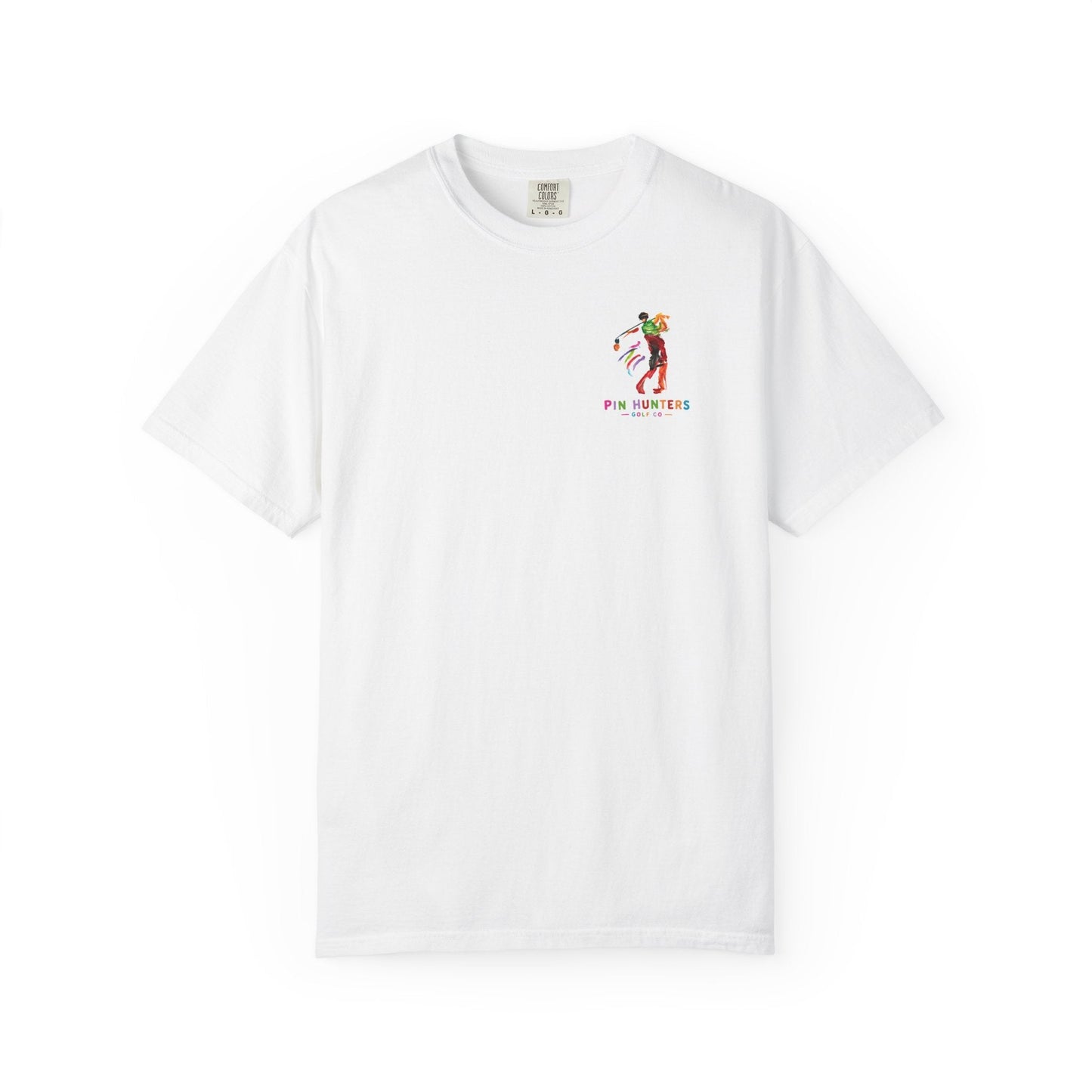 Front view of the white MAC tee with colorful Pin Hunters golfer artwork on the left chest.