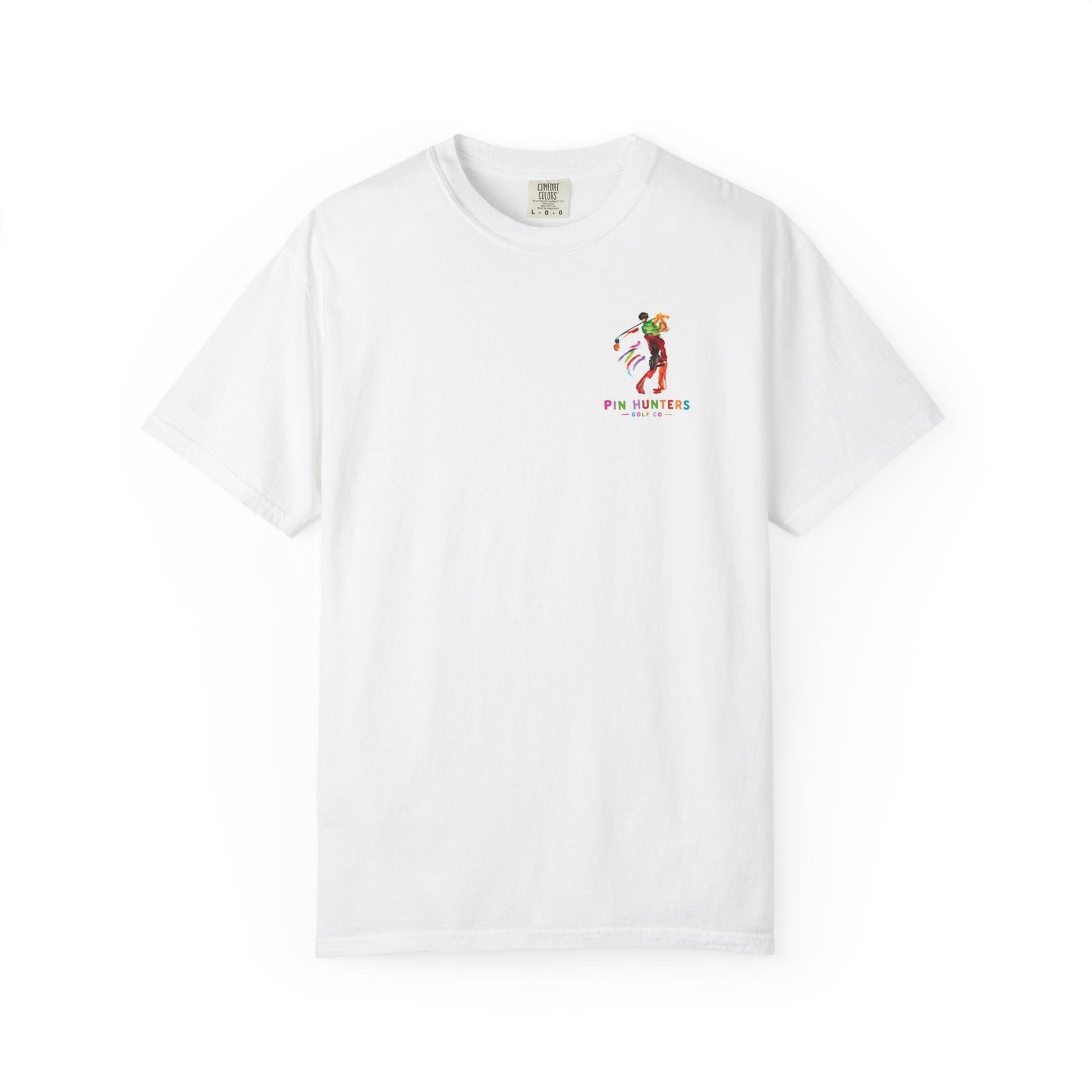 Front view of the white MAC tee with colorful Pin Hunters golfer artwork on the left chest.