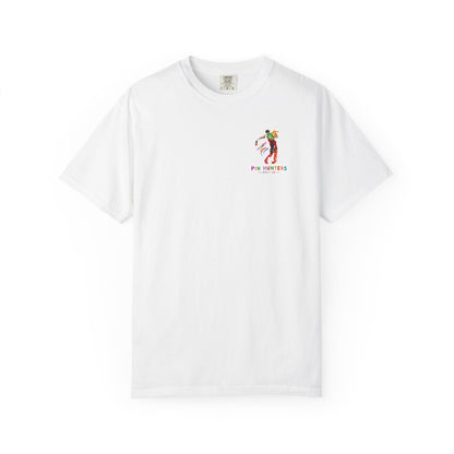 Front view of the white MAC tee with colorful Pin Hunters golfer artwork on the left chest.