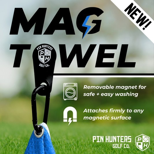 MagTowel adapter feature graphic showing a removable magnetic towel adapter clipped to a blue towel with washing and magnetic attachment callouts.