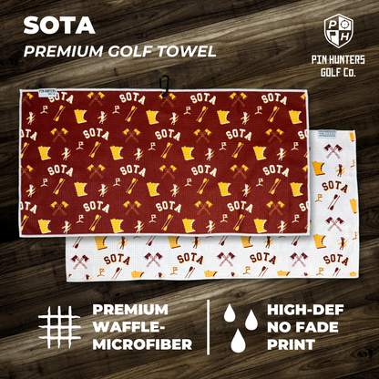 Maroon and gold SOTA premium golf towel product graphic with front and back towel designs, waffle microfiber callout, and high-def no fade print callout.