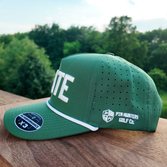 Side profile of the Michigan State green performance golf hat with white rope, perforated side panels, Pin Hunters side logo, and flat brim.