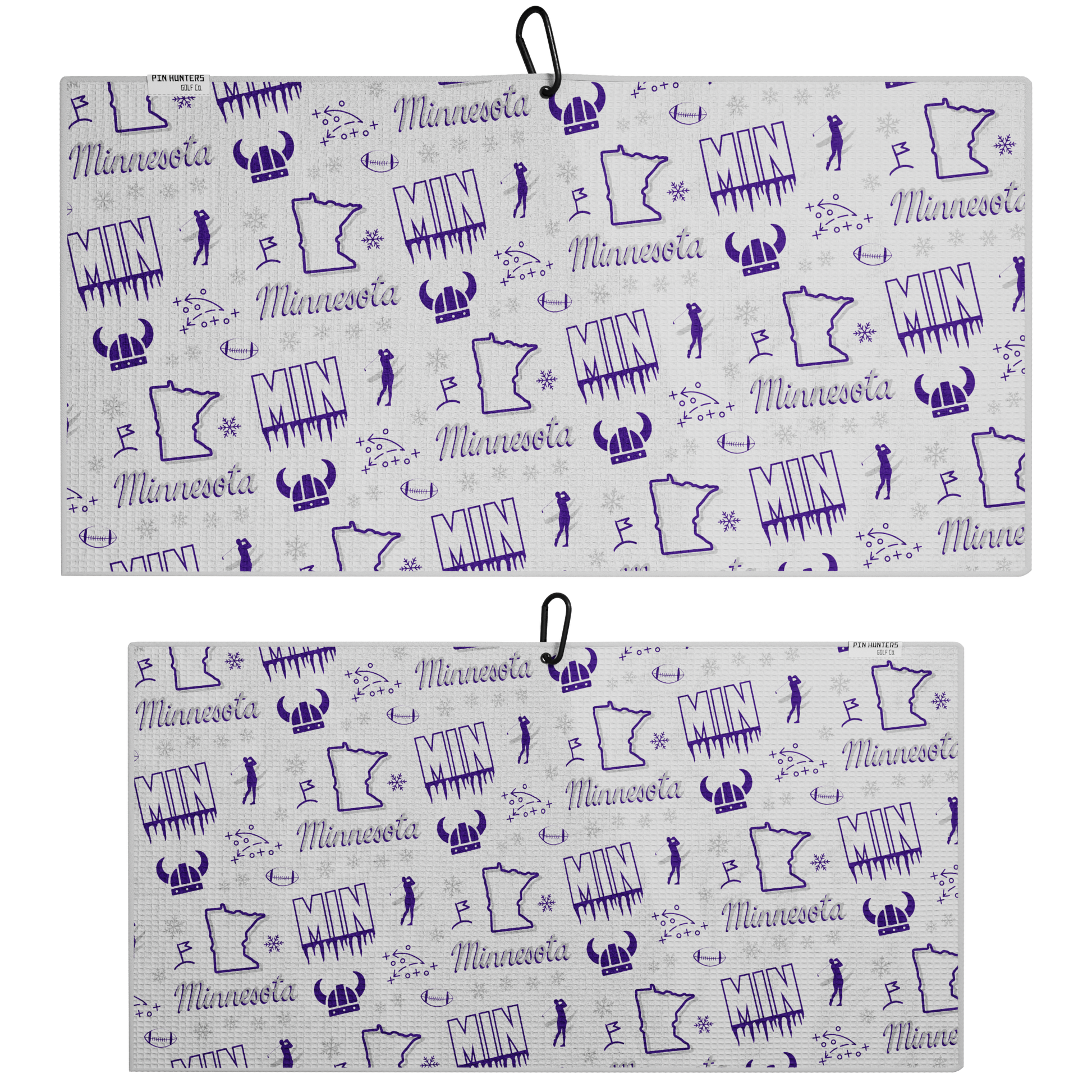 MIN football golf towel front and back product image with white and purple designs, football icons, golfer graphics, playbook symbols, snowflakes, and Viking helmet details.