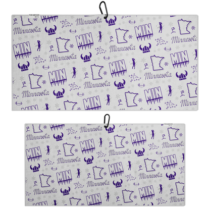 MIN football golf towel front and back product image with white and purple designs, football icons, golfer graphics, playbook symbols, snowflakes, and Viking helmet details.