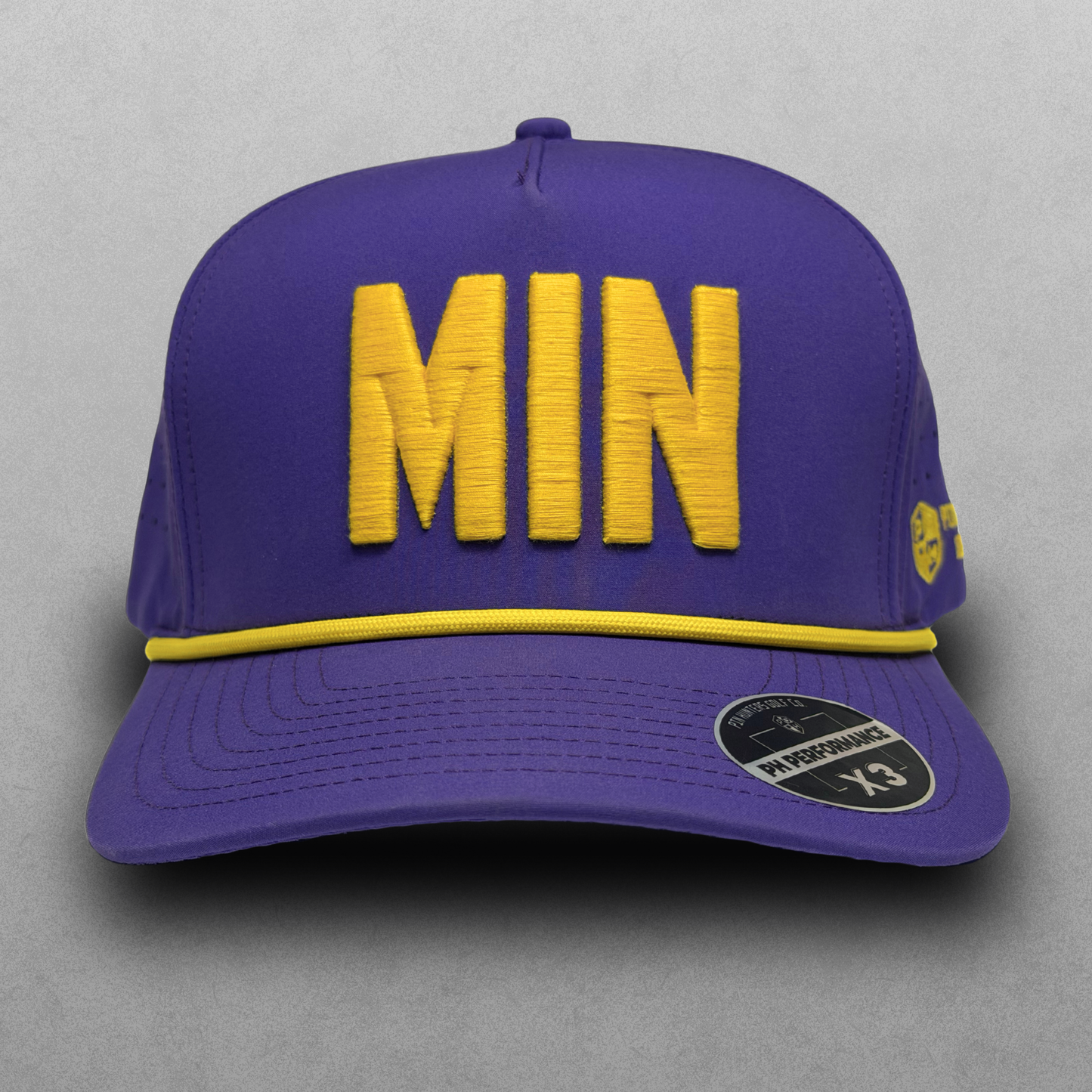 Purple MIN performance hat with yellow raised embroidery, yellow rope detail, and PH Performance X3 sticker.