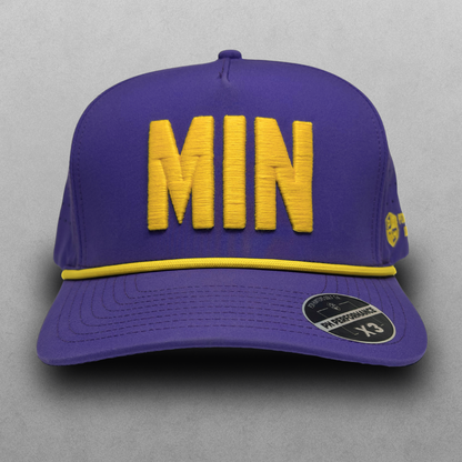 Purple MIN performance hat with yellow raised embroidery, yellow rope detail, and PH Performance X3 sticker.