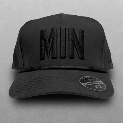 Blackout Minnesota performance hat with tonal black MIN raised embroidery, black rope detail, perforated side panels, and PH Performance X3 sticker.