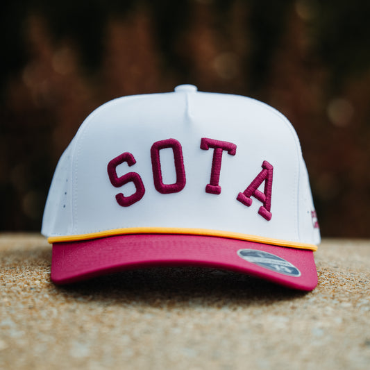 Minnesota Golden Gophers inspired SOTA performance hat with white crown, maroon raised embroidery, maroon brim, and gold rope detail.