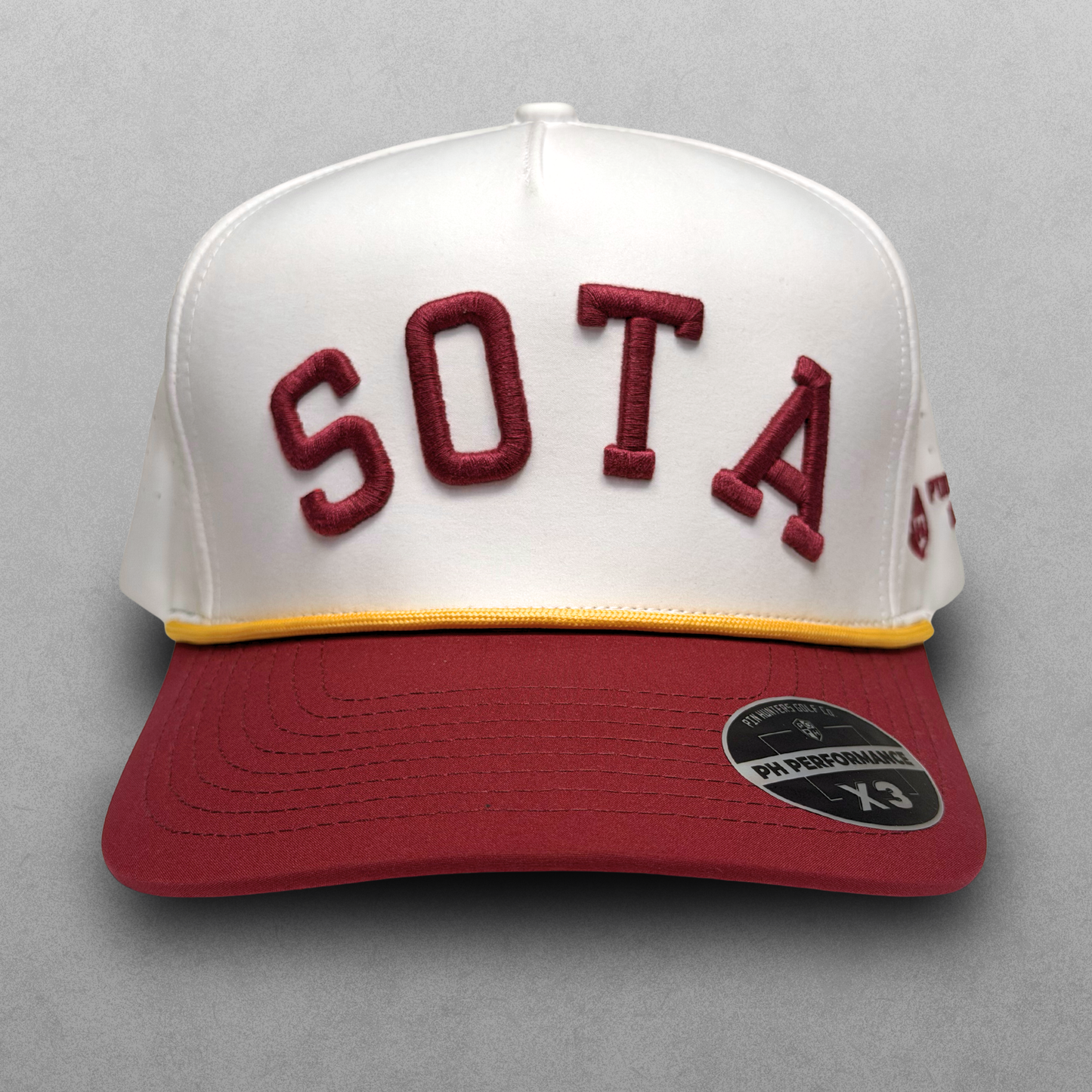 Minnesota Golden Gophers inspired maroon SOTA performance hat with maroon raised embroidery, gold rope detail, maroon brim, and PH Performance X3 sticker.