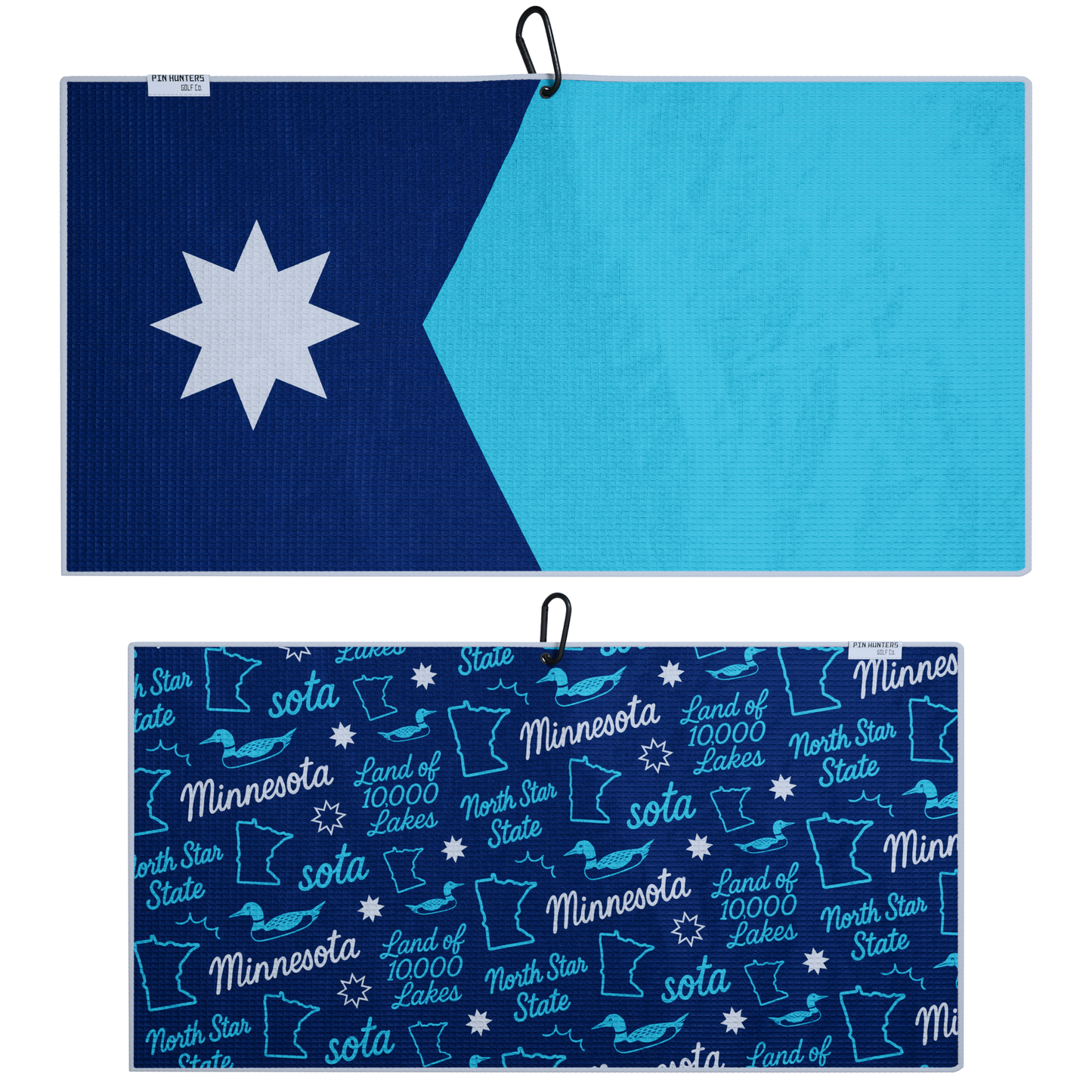 Minnesota North Star blue golf towel layout with navy and light blue front, white star, Minnesota pattern back, loon icons, and front/back views.