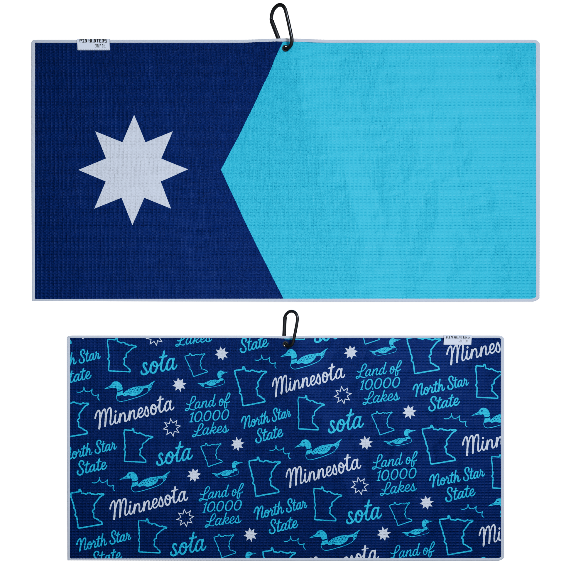 Minnesota North Star blue golf towel layout with navy and light blue front, white star, Minnesota pattern back, loon icons, and front/back views.