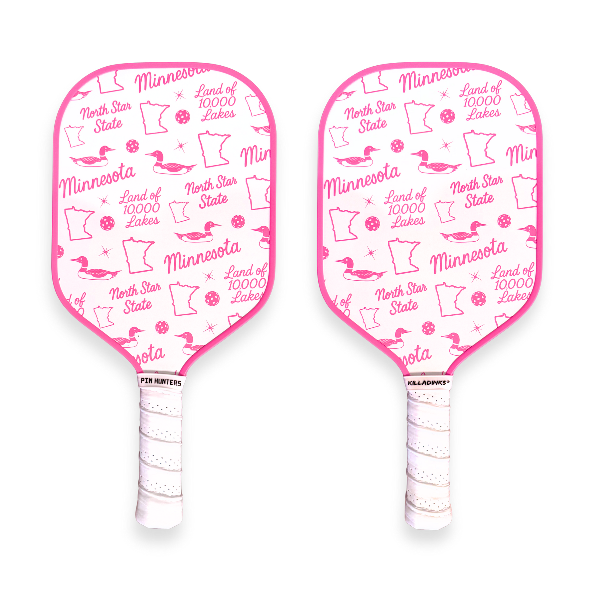 Minnesota pickleball paddles with pink trim, white face, and repeating pink loon, state outline, pickleball, and Land of 10,000 Lakes icons.