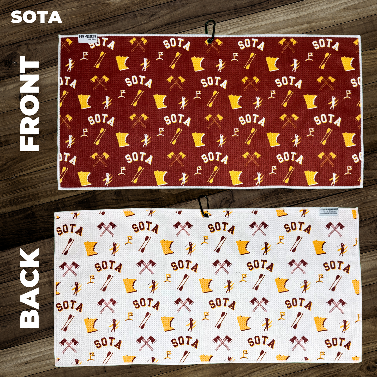 Minnesota SOTA golf towel front and back layout with maroon and gold pattern, Minnesota icons, crossed axes, paddles, golfers, and golf flags.