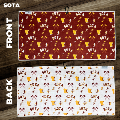 Minnesota SOTA golf towel front and back layout with maroon and gold pattern, Minnesota icons, crossed axes, paddles, golfers, and golf flags.