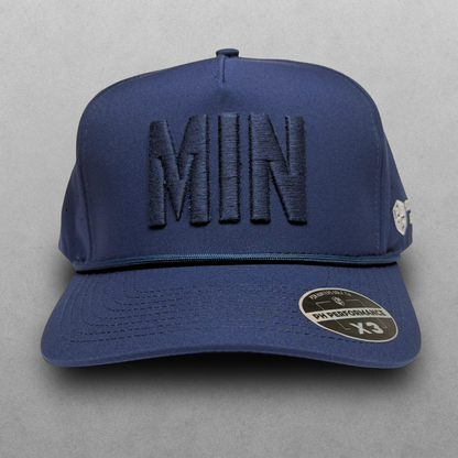Minnesota Twins inspired navy tonal MIN performance hat with matching raised embroidery, navy rope detail, and PH Performance X3 sticker.