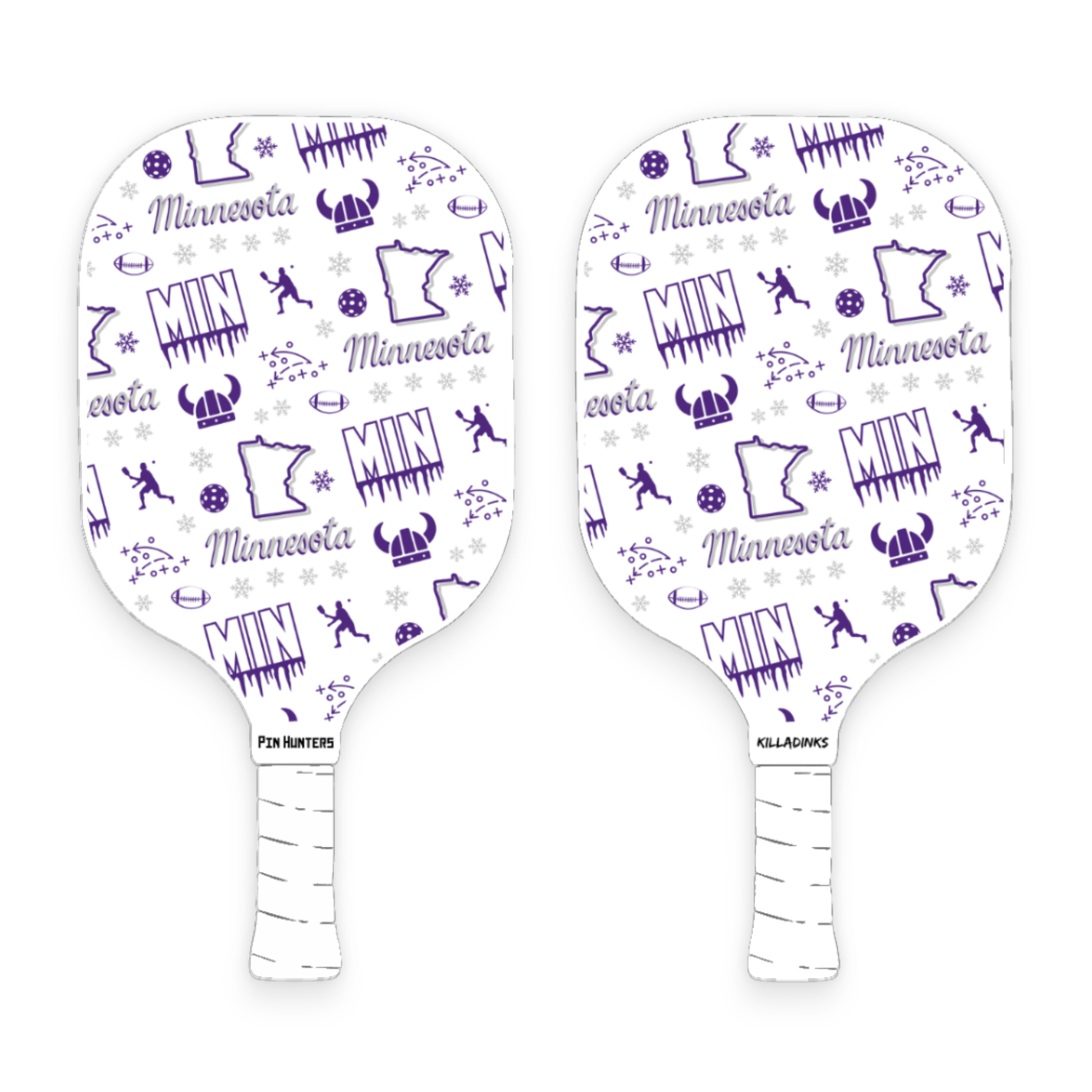 Minnesota Vikings pickleball paddle pair with purple MIN pattern, football icons, helmet graphics, snowflakes, and white handles.