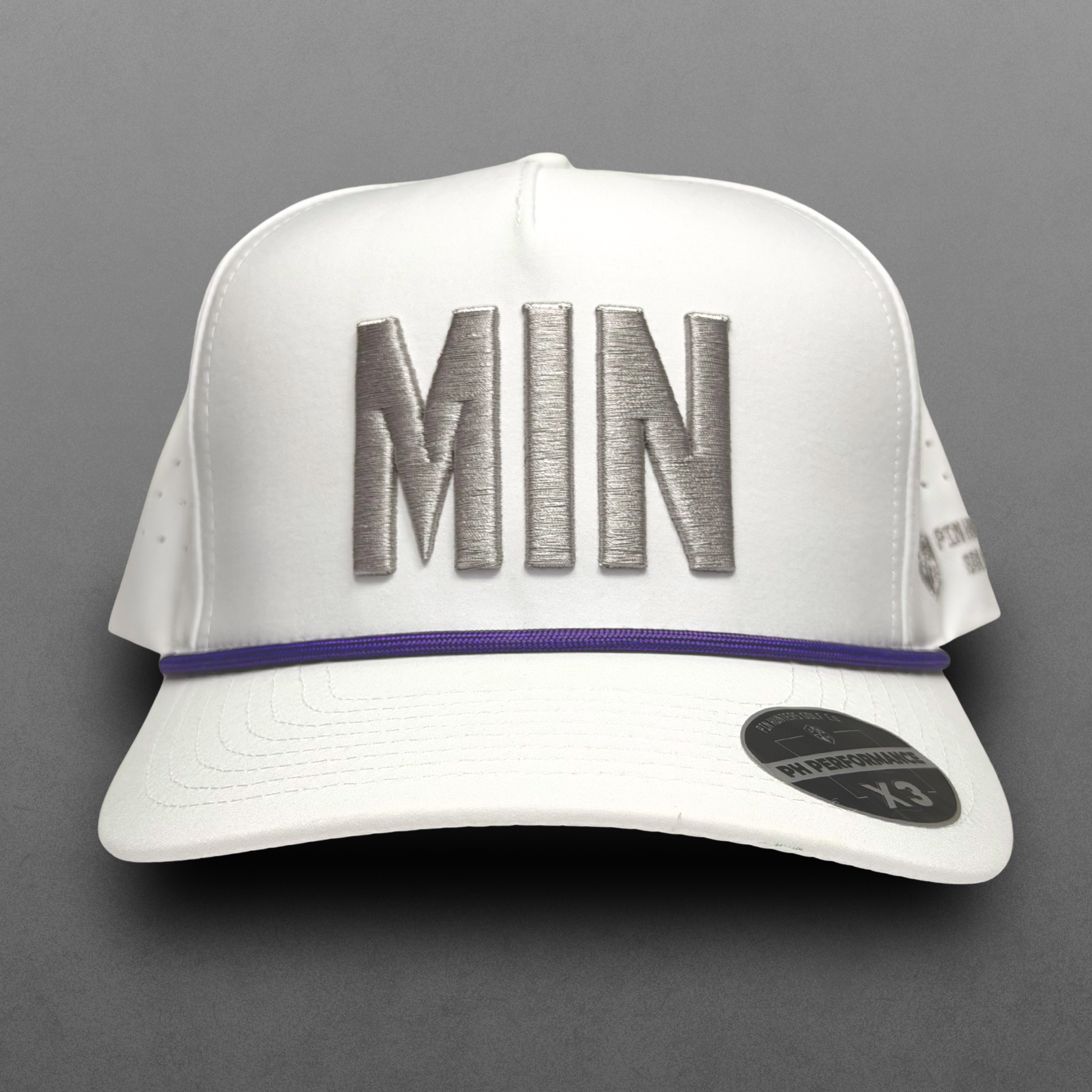 Minnesota Vikings inspired white MIN performance hat with gray raised embroidery, purple rope detail, white brim, and PH Performance X3 sticker.