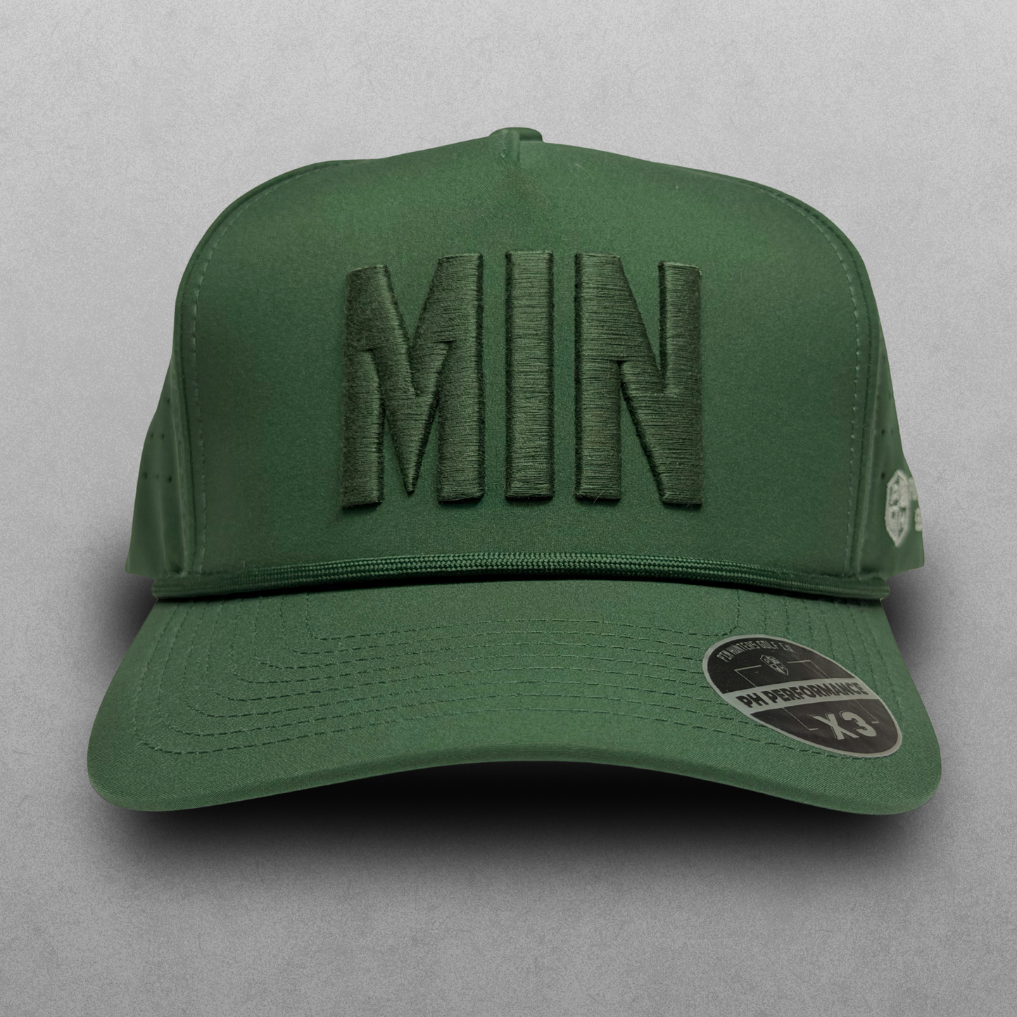 Minnesota Wild inspired green MIN performance hat with tonal green raised embroidery, matching green rope detail, and PH Performance X3 sticker.