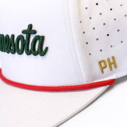 Minnesota Wild inspired white performance hat close-up with green script embroidery, red rope detail, gold PH side embroidery, and perforated side panels.