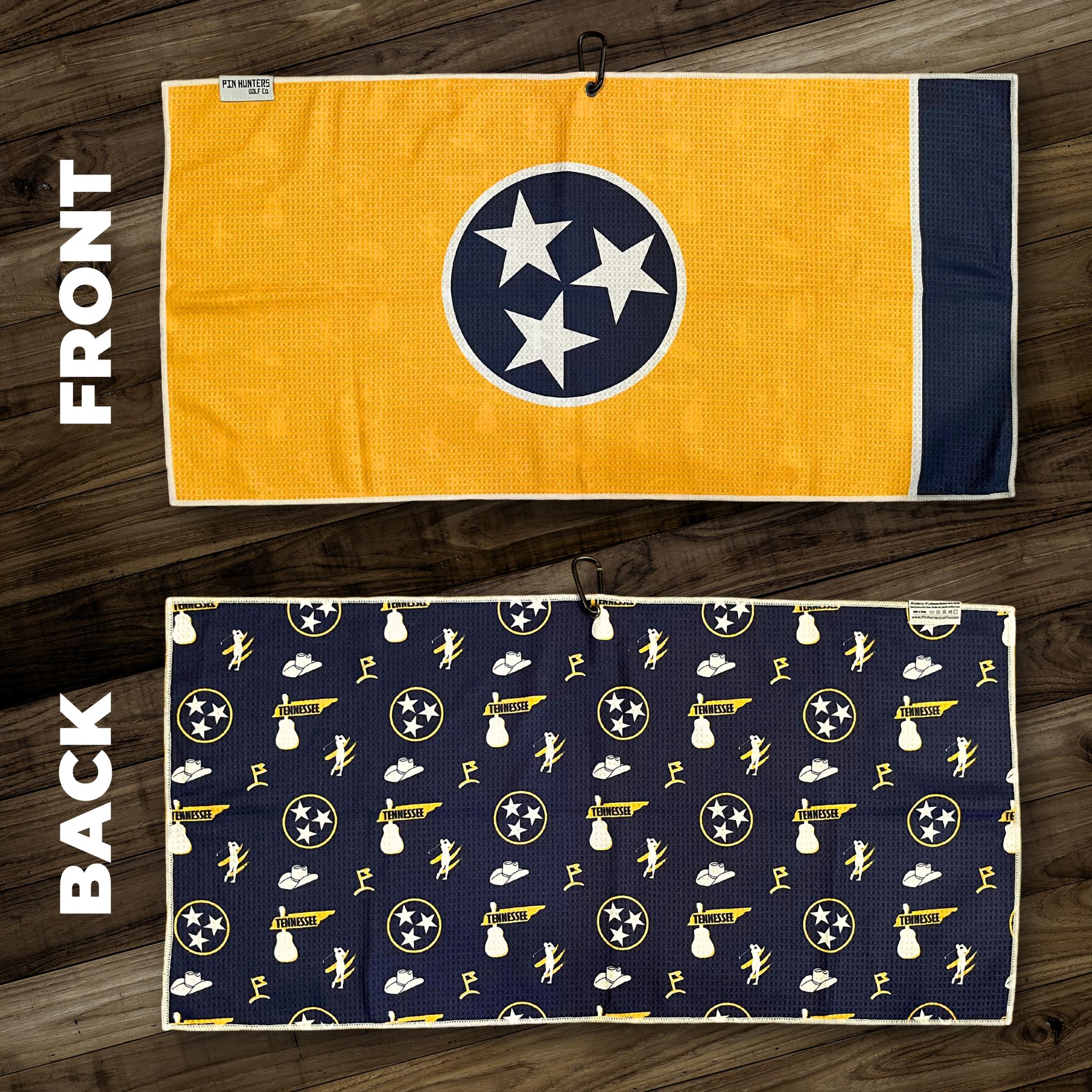 Nashville Predators hockey golf towel layout with yellow Tennessee flag front, navy patterned back, tristar icons, cowboy hats, golfer icons, and front/back views.