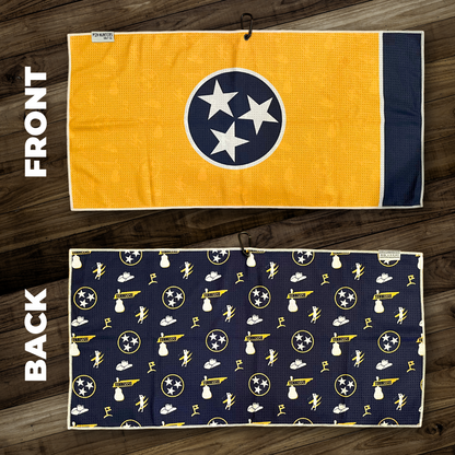 Nashville Predators hockey golf towel layout with yellow Tennessee flag front, navy patterned back, tristar icons, cowboy hats, golfer icons, and front/back views.