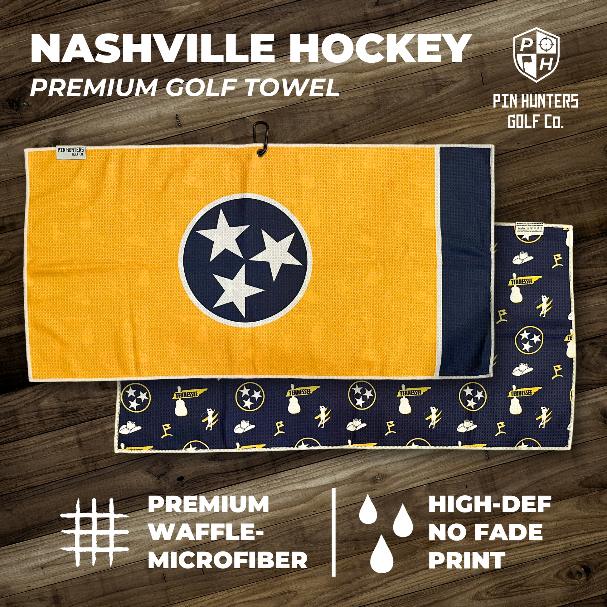 Nashville Predators hockey premium golf towel graphic with yellow Tennessee flag front, navy patterned back, waffle microfiber callouts, and no-fade print text.