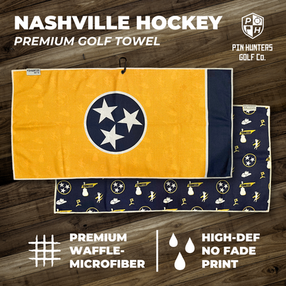 Nashville Predators hockey premium golf towel graphic with yellow Tennessee flag front, navy patterned back, waffle microfiber callouts, and no-fade print text.