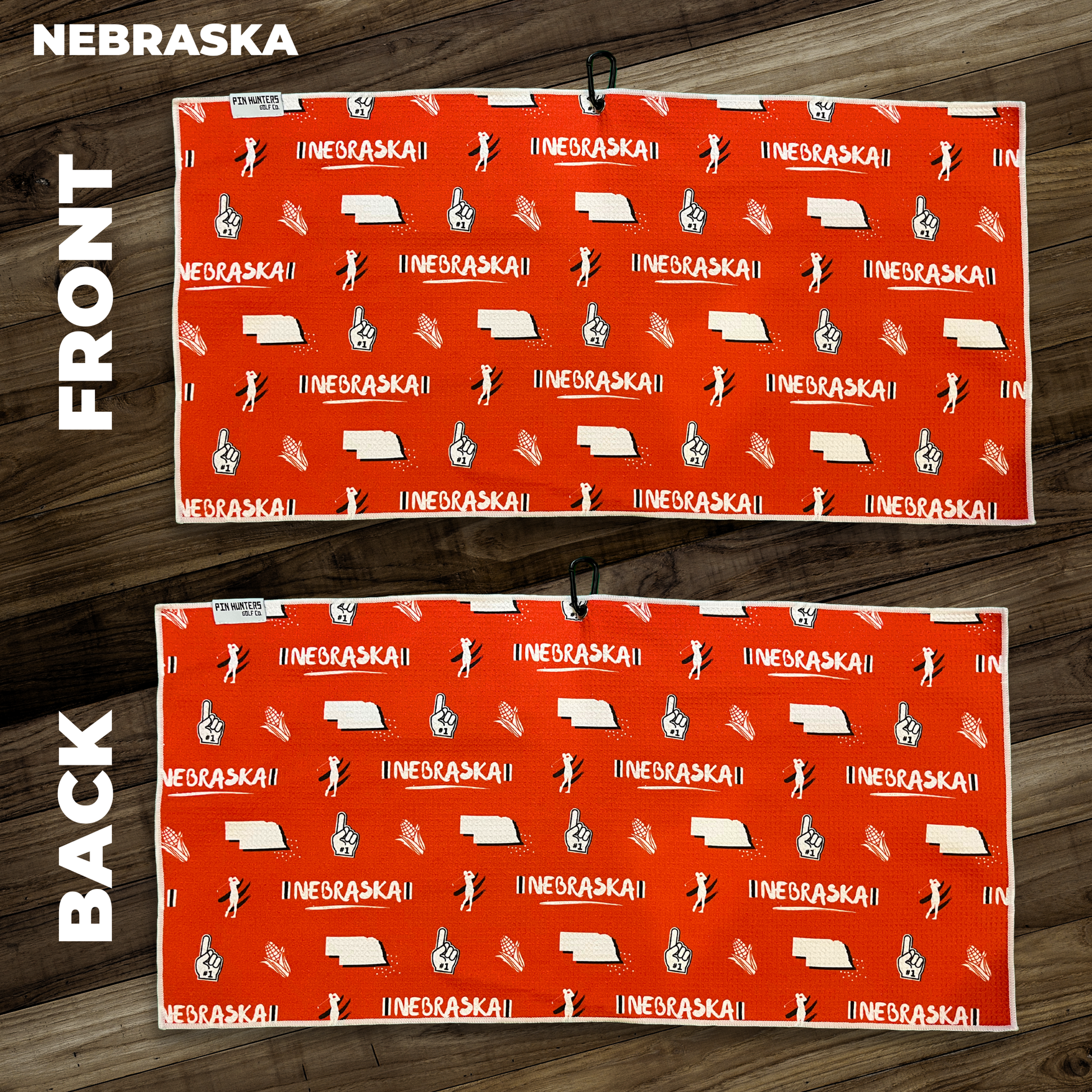 Nebraska golf towel layout with orange background, state outline, corn, foam finger, golfer, and repeating Nebraska text icons.