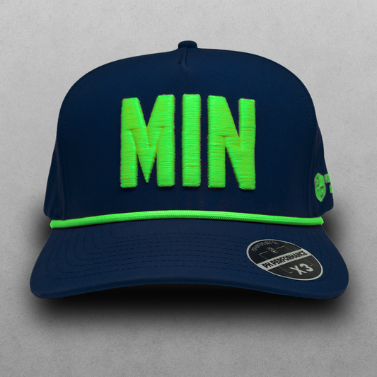 Navy MIN performance golf hat with neon lime raised MIN embroidery, matching lime rope, flat brim, and PH Performance X3 sticker.