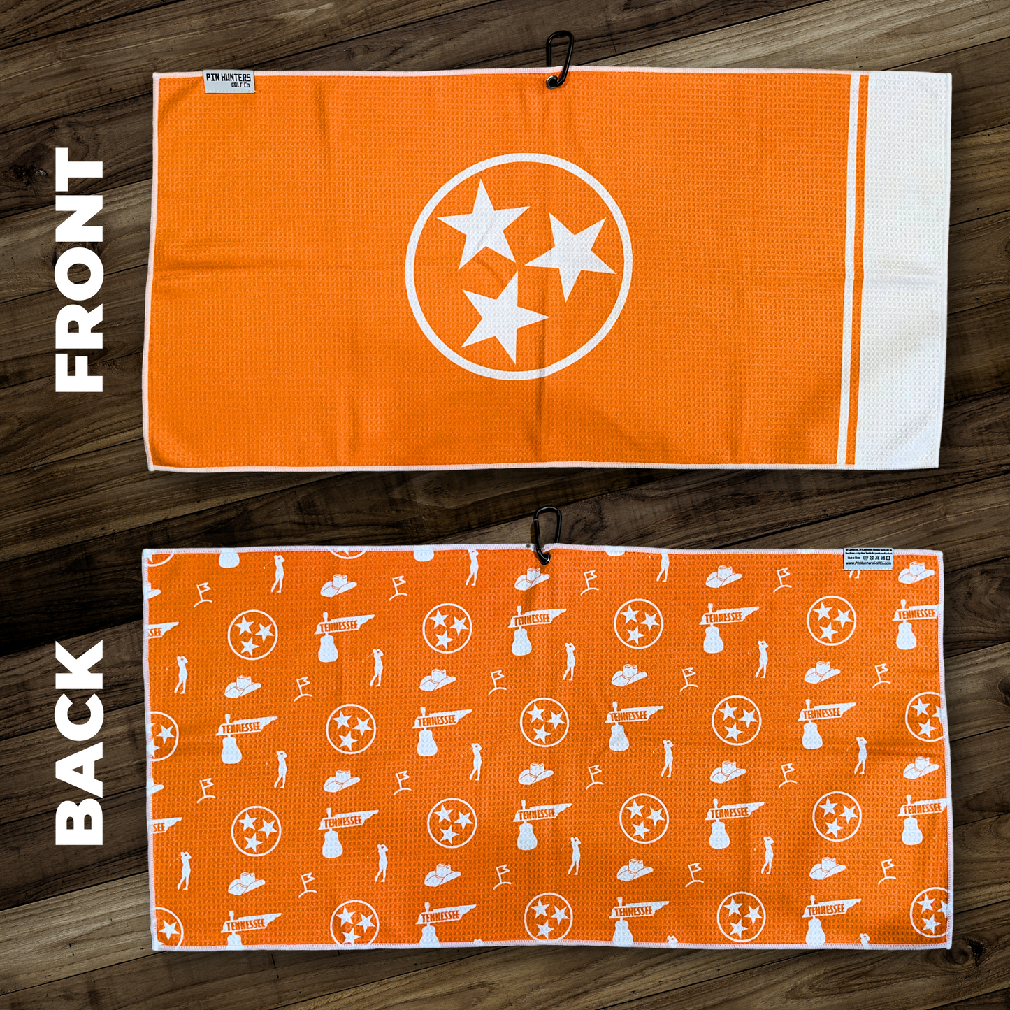 Orange Volunteer State Tennessee golf towel product image showing front TriStar design and repeating back pattern with Tennessee and golf icons.