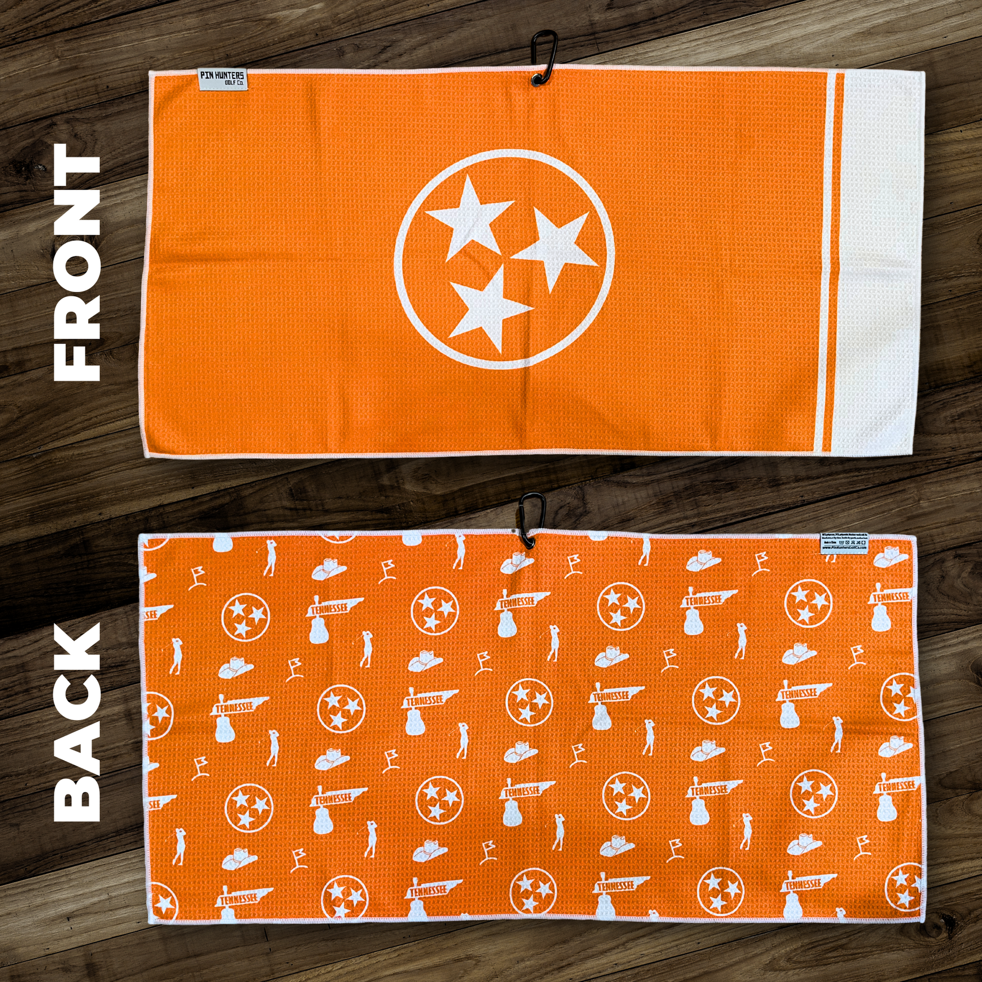 Orange Volunteer State Tennessee golf towel product image showing front TriStar design and repeating back pattern with Tennessee and golf icons.