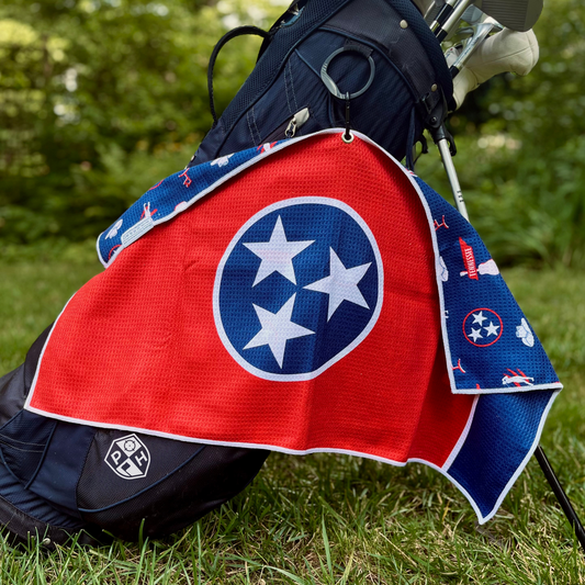 Orange Volunteer State Tennessee golf towel product image with TriStar design, waffle microfiber callout, and high definition print callout.
