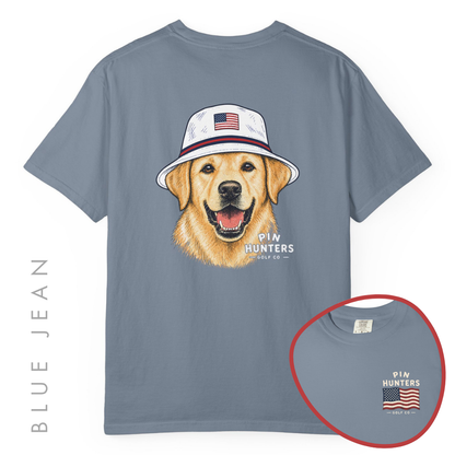 Blue Jean Pin Hunters Colby Tee showing back golden retriever patriotic golf design and front chest graphic.