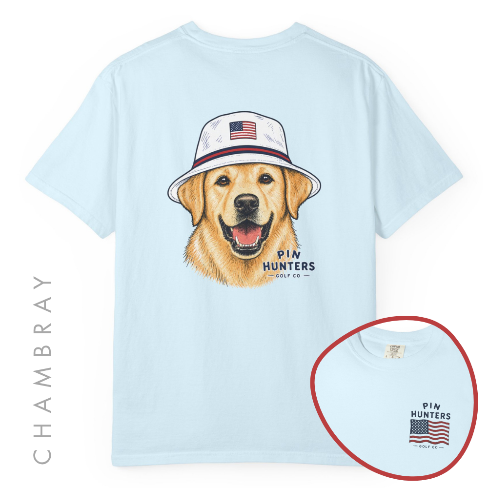 Chambray Pin Hunters Colby Tee product mockup with golden retriever golf graphic on the back and front inset view.
