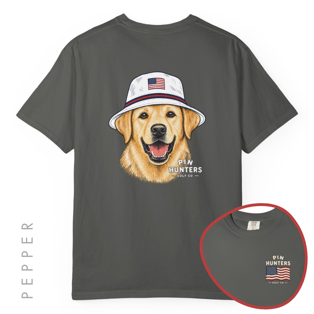 Pepper grey Pin Hunters Colby Tee with back golden retriever bucket hat artwork and front chest design inset.