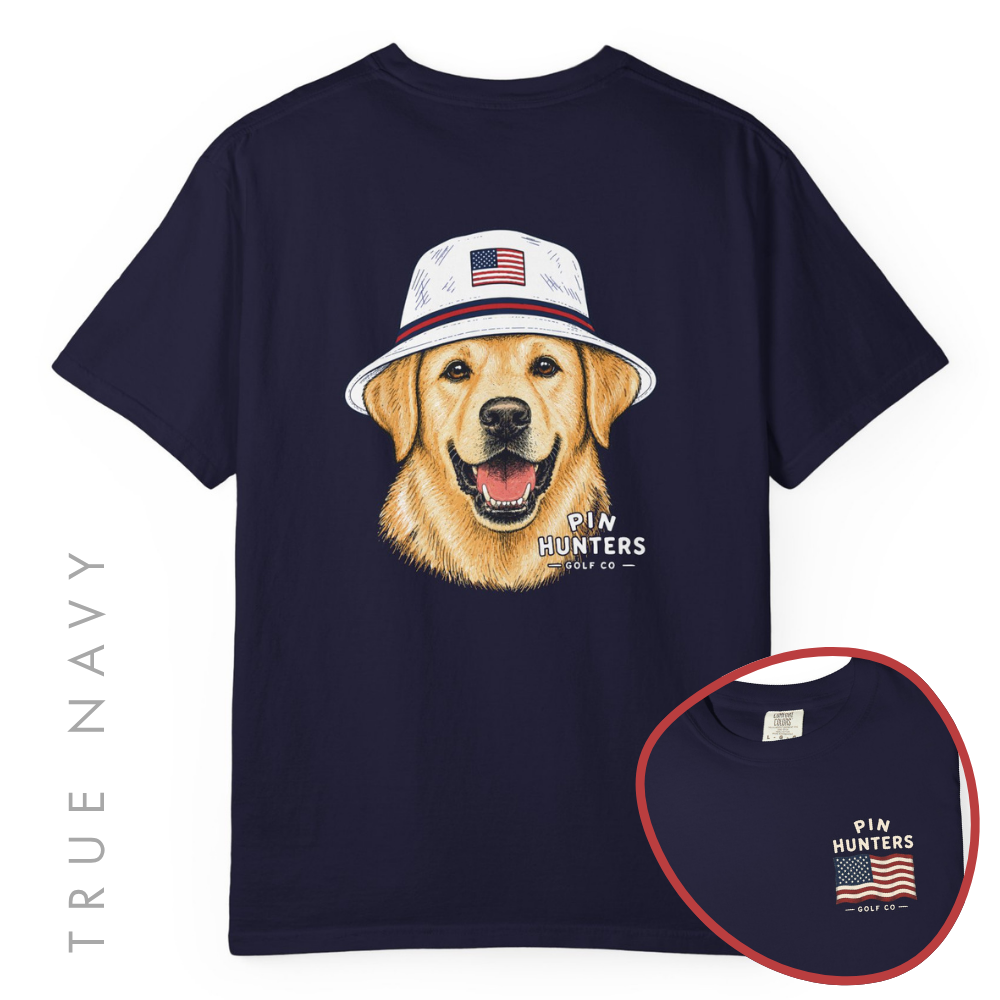 True Navy Pin Hunters Colby Tee product image featuring golden retriever golf artwork on the back and front inset.