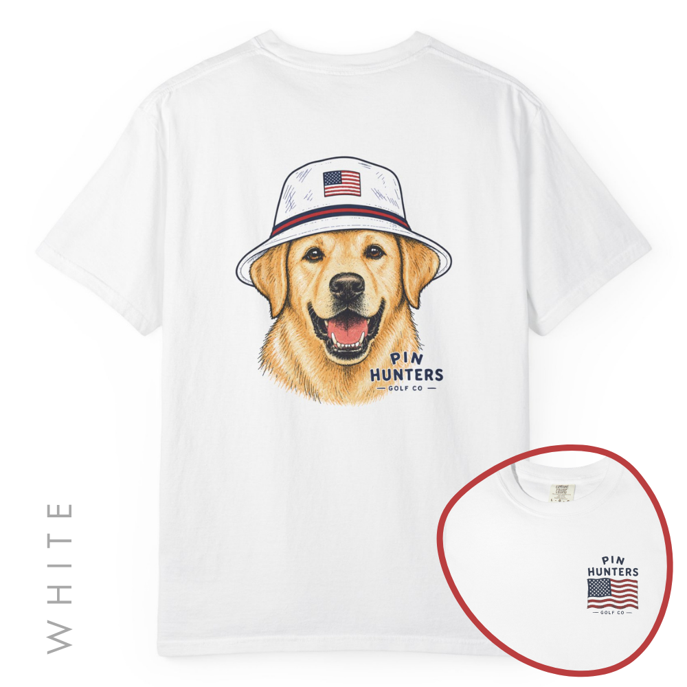White Pin Hunters Colby Tee showing back golden retriever golf graphic with front chest design inset.